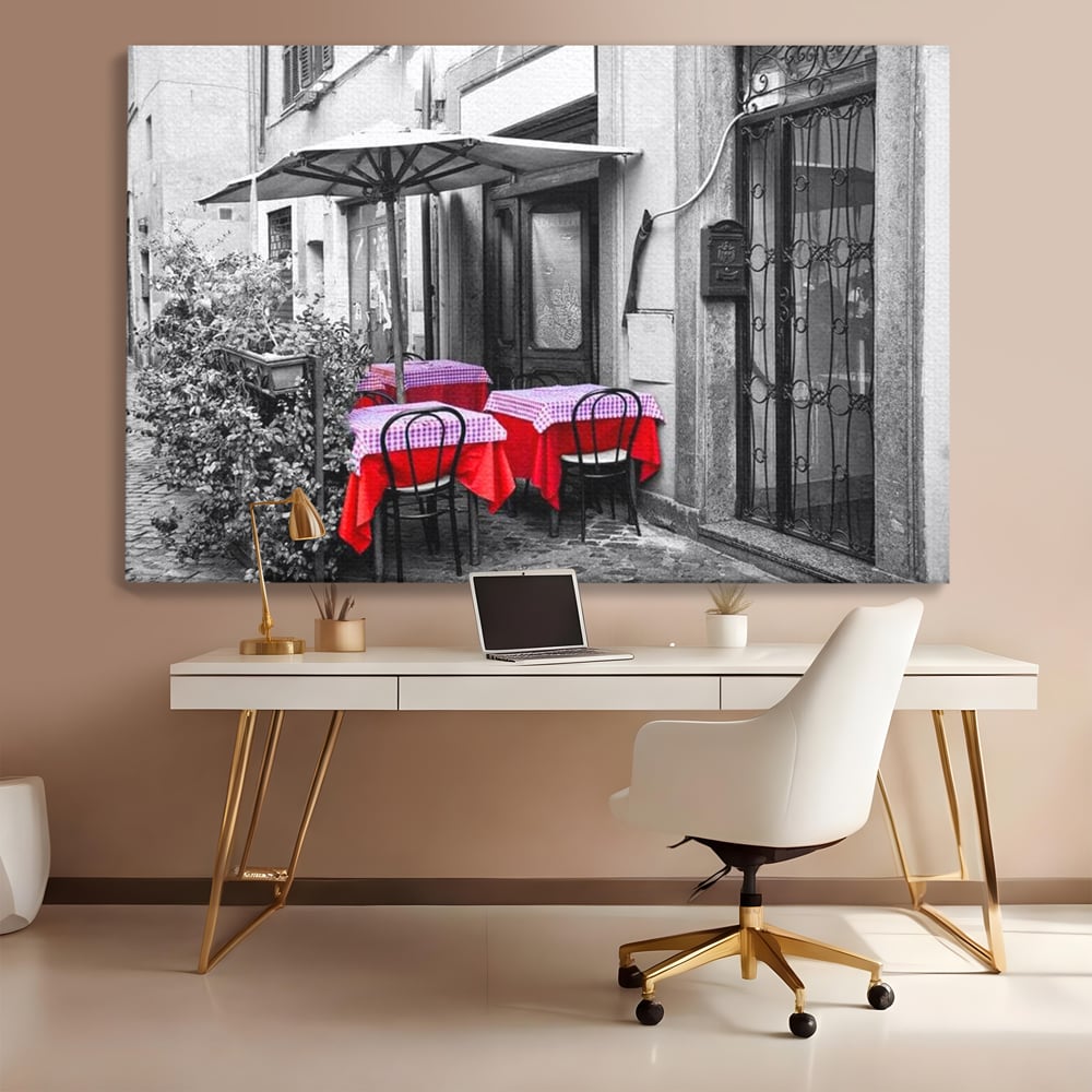 Tablou canvas cu cafenea stradala vintage alb negru cu pete de rosu, fara rama, pe sasiu de lemn, pe perete intr-un birou
